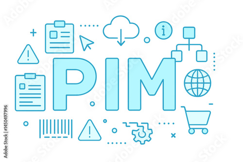 Flat vector illustration depicting PIM concepts with icons related to data management and e-commerce interactions