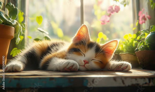 Sleeping calico kitten in sunlit window surrounded by plants and flowers.