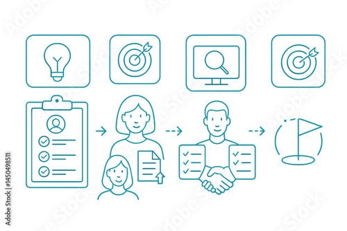 Vector illustration of a step-by-step process for personal goal setting and achievement using checklists and collaboration