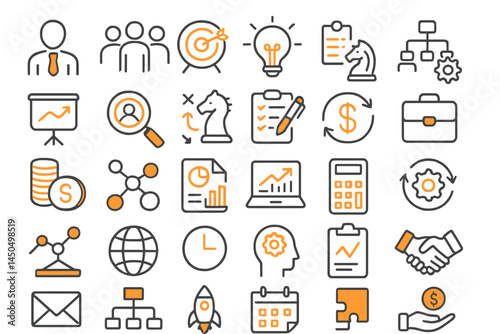 Business concepts and strategies illustrated in flat vector design showcasing teamwork, finance, and project planning elements