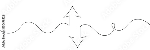 Continuous one line drawing of arrow pointing up and down. Black thin line of two directions arrow icon isolated on white background. EPS10 vector illustration for banner, template, web, app, poster.