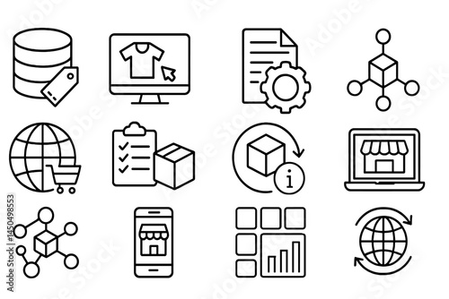 Vector illustration of e-commerce elements including shopping cart, product, and website interface in a digital environment