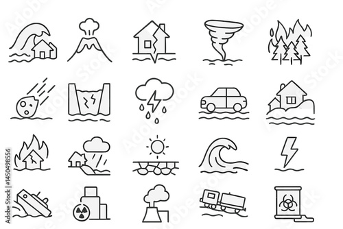 Natural disaster icons depicting various events such as earthquakes, floods, and storms impacting different locations