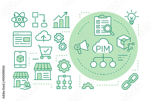 Illustration depicting the concept of Product Information Management involving data flow, analytics, and online retail elements in a modern layout