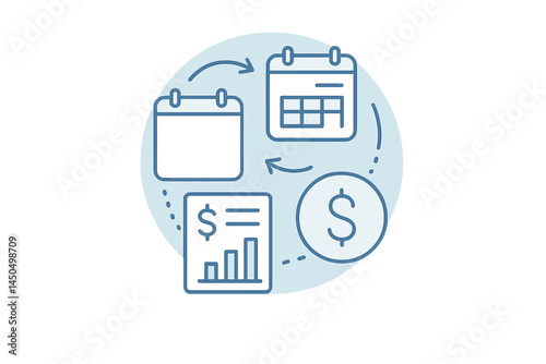 Vector illustration depicting financial planning and budgeting with calendars and dollar signs