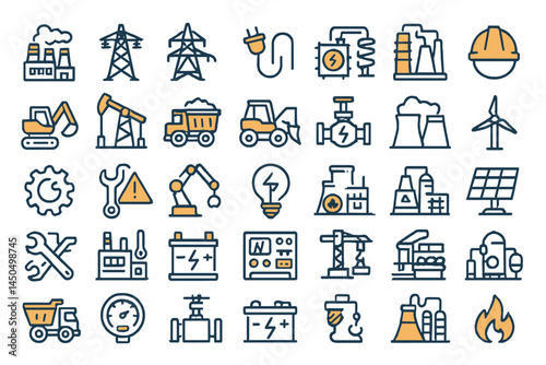 Flat vector illustration depicting various symbols of the energy and industrial sectors with diverse equipment and tools represented clearly