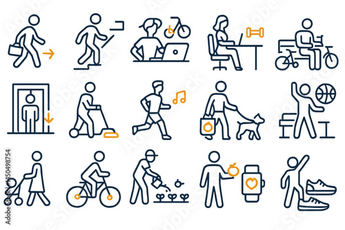 Diverse activities depicting daily commuting and fitness routines in a flat vector illustration showcasing movement and lifestyle