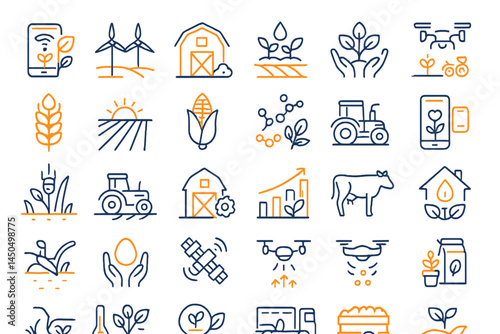 Modern agricultural practices illustrated through flat vector icons highlighting technology and sustainability in farming