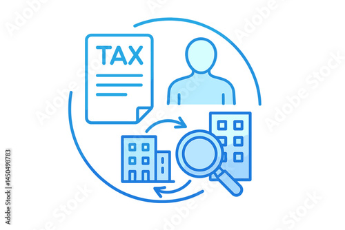 Tax management and property evaluation in a flat vector illustration showing interactions between individuals and real estate