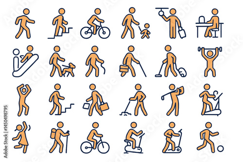 Activity icons depicting various forms of exercise, movement, and daily tasks in a flat vector style