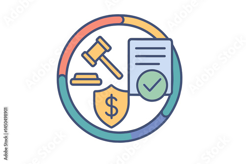 Flat vector illustration depicting legal concepts with a gavel, document, shield, and dollar sign in a circular design