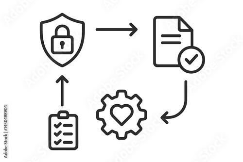 Vector illustration of secure data management process with checklist, documents, and gear symbolizing technology integration
