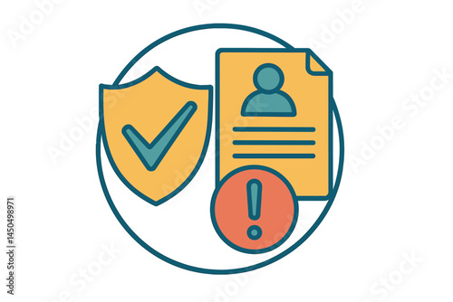 Flat vector illustration showing a shield, a document, and a warning symbol representing security and verification processes