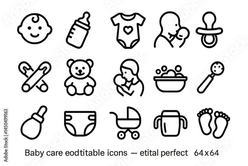 Collection of flat vector illustrations depicting baby care items and activities suitable for parenting guides and educational materials