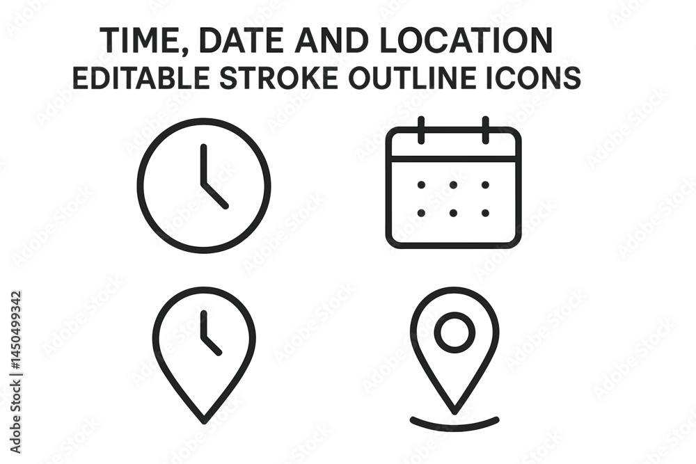 Editable stroke outline icons for time, date, and location in flat vector style