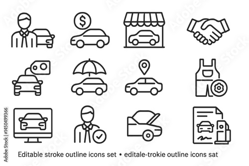 Collection of flat vector icons representing car services, purchases, and maintenance activities in a customer-friendly environment