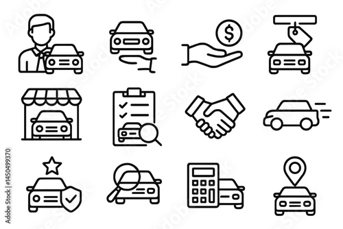 Vector illustration of car sales process with various activities including transactions, inspections, and handshakes in a dealership setting