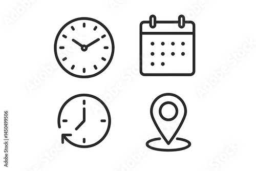 Flat vector illustration showing essential time and location icons for scheduling and planning activities effectively