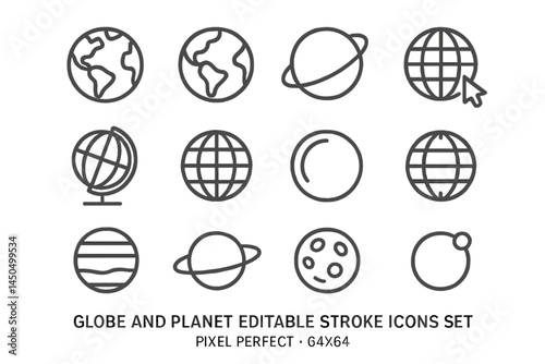 Vector illustration of various globe and planet icons arranged in a grid with editable stroke design elements