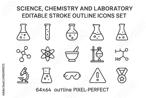 Downloadable flat vector illustration set of science, chemistry, and laboratory icons for educational use