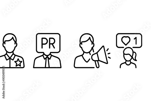 Vector illustration depicting communication and public relations concepts with characters and symbols in a flat design style