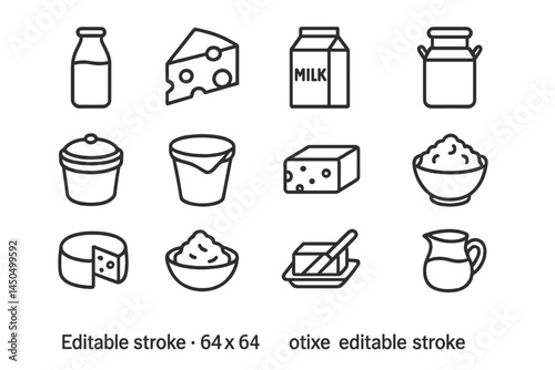 Milk products and dairy items in flat vector style showcasing a variety of containers and foods with simple designs