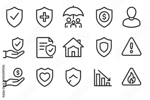 Flat vector illustration of various icons representing protection, safety, health, and finance concepts against a simple background