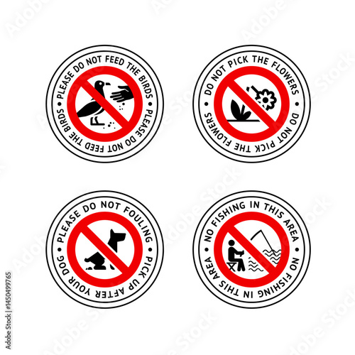 Prohibited label No dog fouling, No fishing, Do not feed birds, Do not pick the flowers, forbidding sticker set