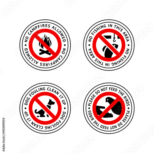 Prohibited label No dog fouling, No ice fishing, Do not feed birds, No campfires allowed, forbidding sticker set