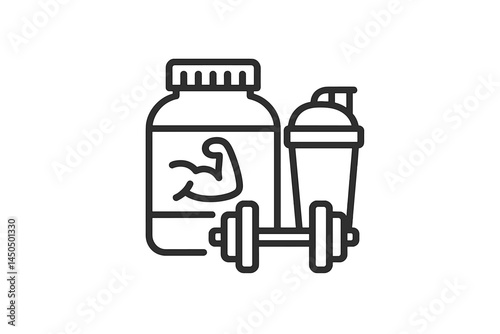 Fitness essentials featuring a protein supplement, shaker bottle, and dumbbell in a flat vector illustration