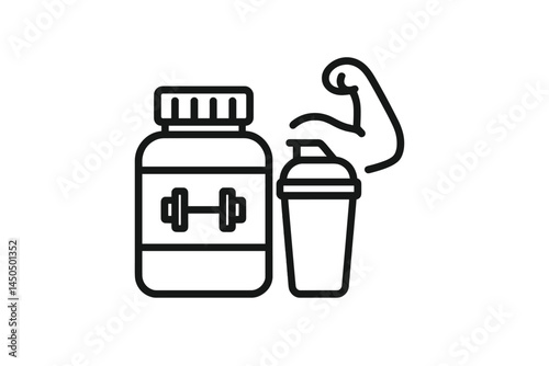 Vector illustration of fitness equipment with protein powder, a shaker, and a muscular arm symbolizing strength and health