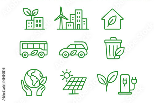 Vector illustration depicting sustainable urban living with eco-friendly elements and renewable energy solutions
