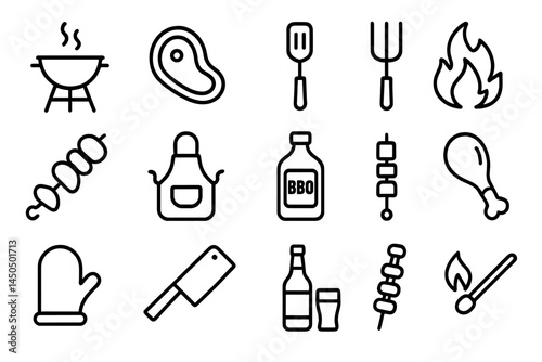 Vector illustration featuring grilling equipment, barbecue foods, and cooking utensils for outdoor gatherings