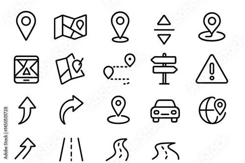 Flat vector illustration of navigation icons and symbols representing map, location, and travel activities