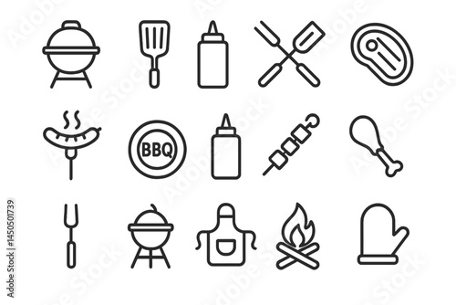 Vector illustration of barbecue tools and food items showcasing summer grilling essentials, including sausages, grilling utensils, and sauces