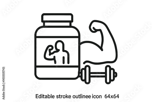 Fitness supplement jar with flexed arm and dumbbell illustration promoting strength training and healthy lifestyle choices