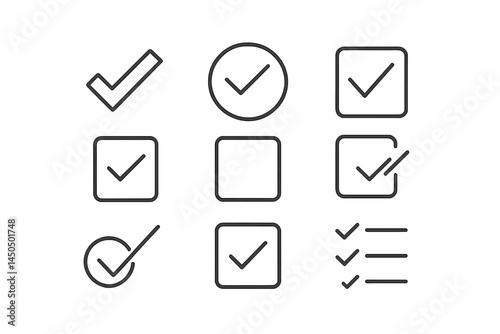 Various checkmark and checkbox designs for indicating tasks, approvals, and confirmations in flat vector illustration format