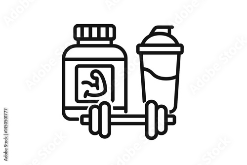 Fitness essentials with dumbbell, protein supplement, and shaker bottle during workout preparation
