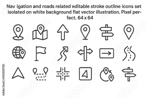 Navigation and road-related editable stroke outline icons set featuring various symbols for maps and directions