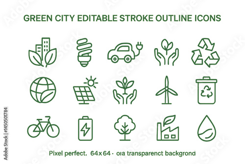 Flat vector illustration of eco-friendly city icons featuring renewable energy, recycling, and sustainable transport solutions