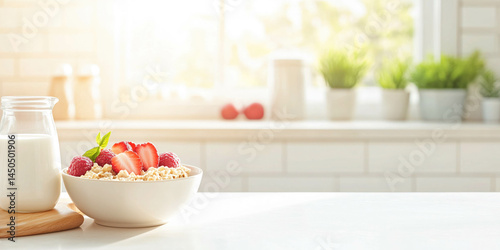 Wallpaper Mural A kitchen counter with bowl of oatmeal, sliced fruit and milk jug standing on it. Breakfast concept. Torontodigital.ca