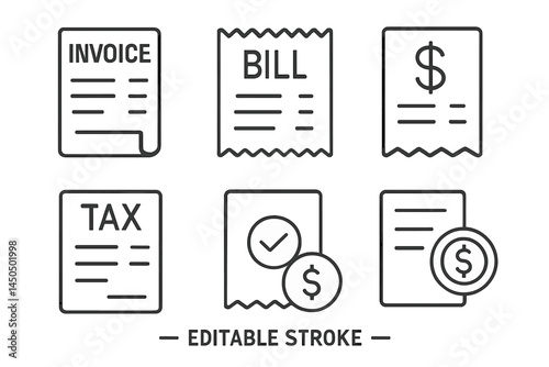 Financial documents such as invoice, bill, and tax return displayed in a flat vector illustration style