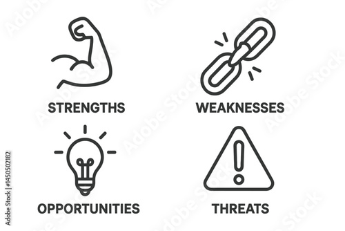 Conceptual illustration of SWOT analysis with strengths, weaknesses, opportunities, and threats displayed in a flat vector style