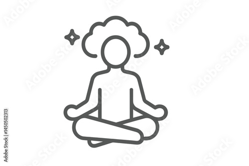 Meditation practice in a calm environment with a person seated cross-legged and a cloud of thought above their head