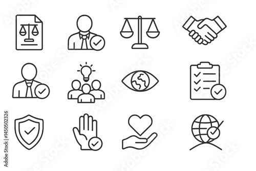 Icons representing legal services, teamwork, and global awareness in a flat vector design style