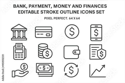 Set of flat vector outline icons representing bank, payment, money, and finances for digital use and design projects
