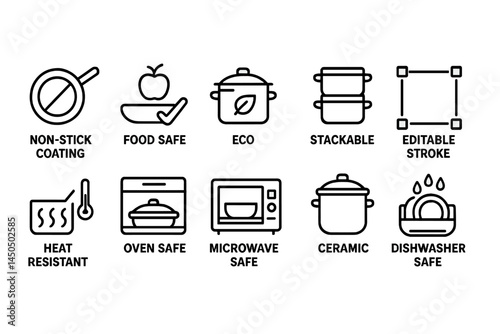 Kitchen utensil symbols showcasing features like heat resistance, eco-friendly materials, and dishwasher safety for culinary use