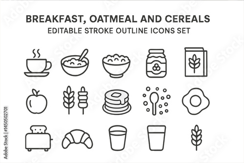Vector illustration of breakfast foods including oatmeal, cereals, and beverages in a simple line art style