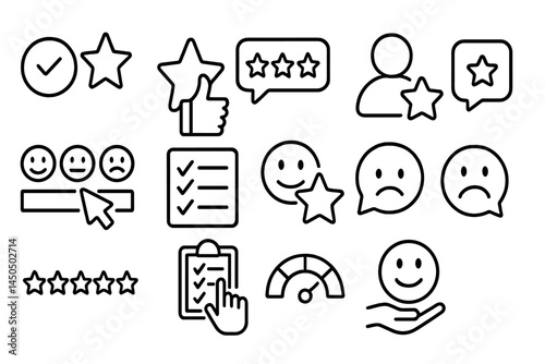 Flat vector illustration depicting feedback and review icons with smiley faces, checkmarks, and ratings in a simple design