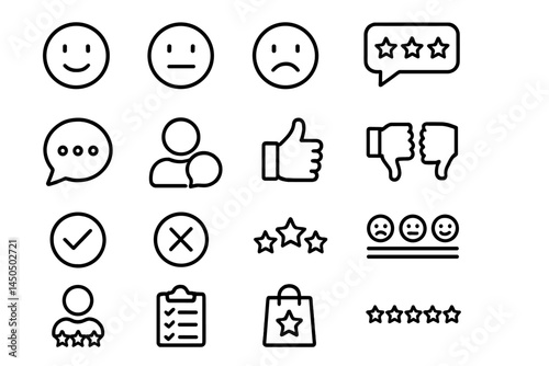 Flat vector illustration depicting various expressions and feedback elements for customer satisfaction and product reviews